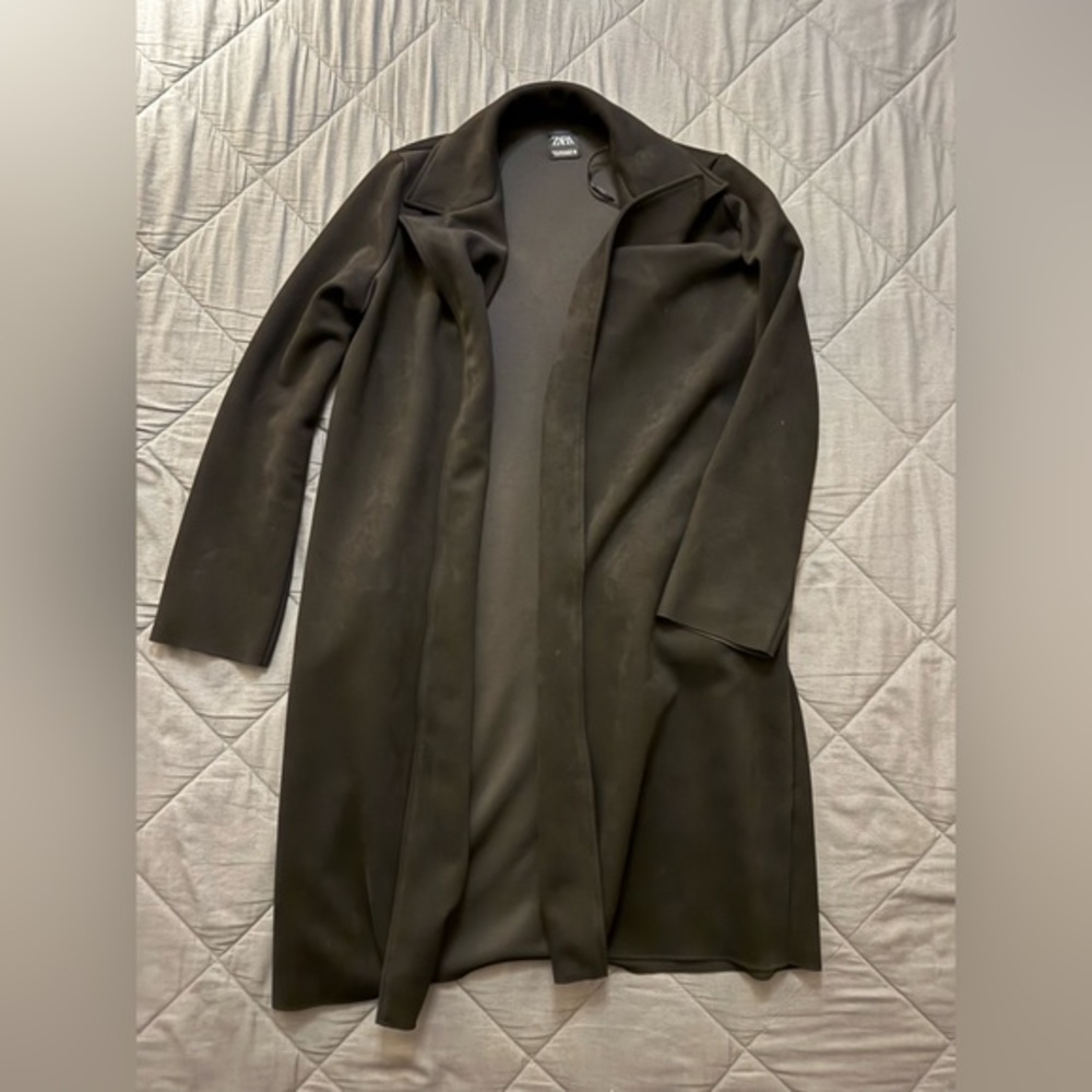 Zara Black Microfiber Suede Textured Long Jacket - Picture 2 of 9